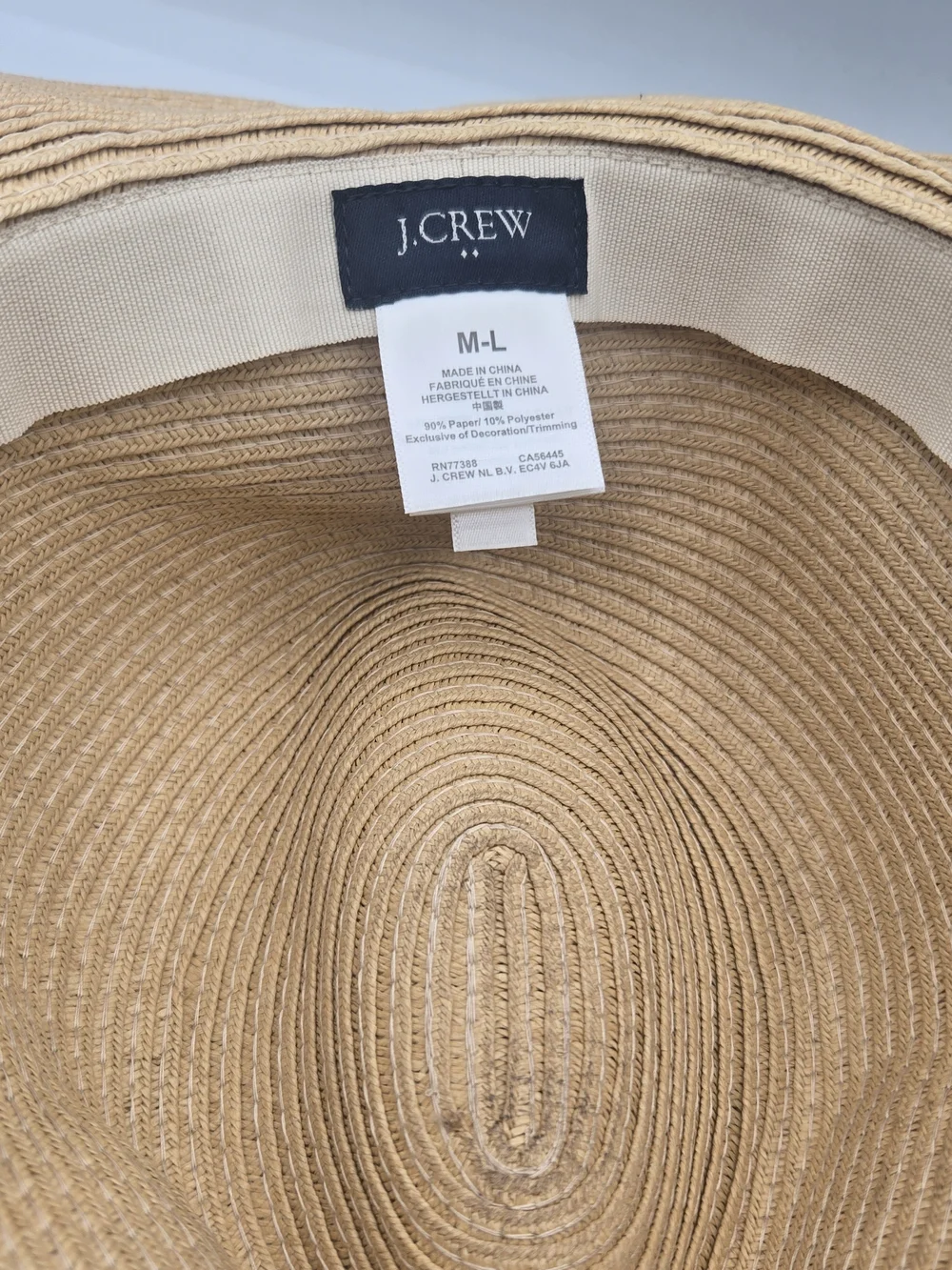 J.Crew Factory Straw Fedora Hat Natural Black Band M/L Packable Summer Sun Hat